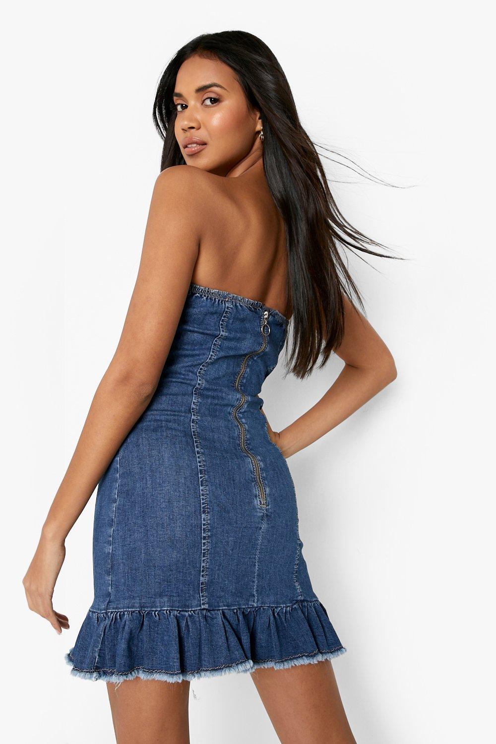 Bandeau Frill Raw Hem Denim Dress boohoo